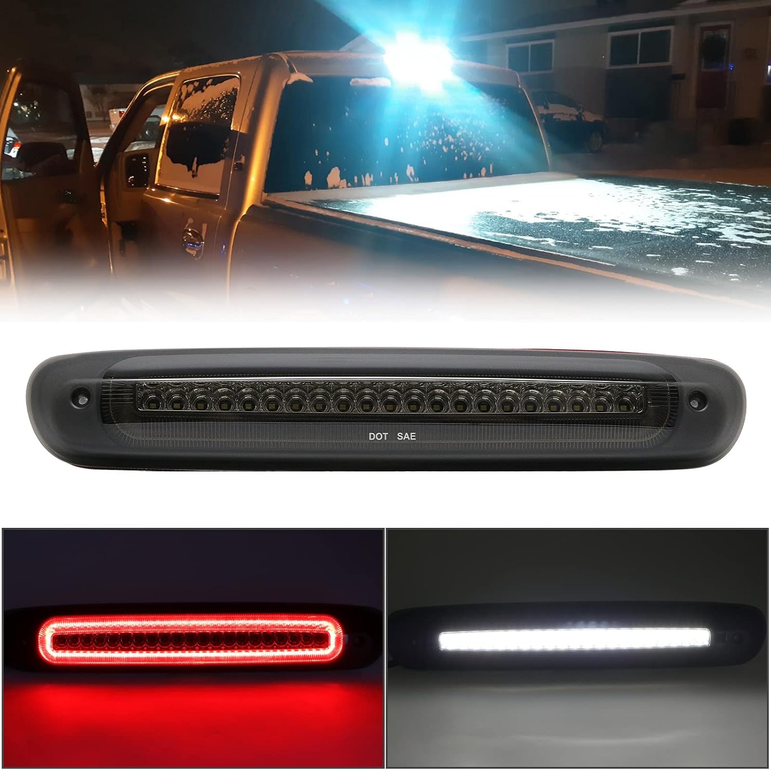R&F Auto LED Third Brake Light Compatible with 2007-2013 Silverado/Sierra 1500 2500HD 3500HD Roof Cargo Lights Pickup Truck F1 Style Strobe High Mount Stop Lamp, Smoked Lens Replace OEM# 25890530