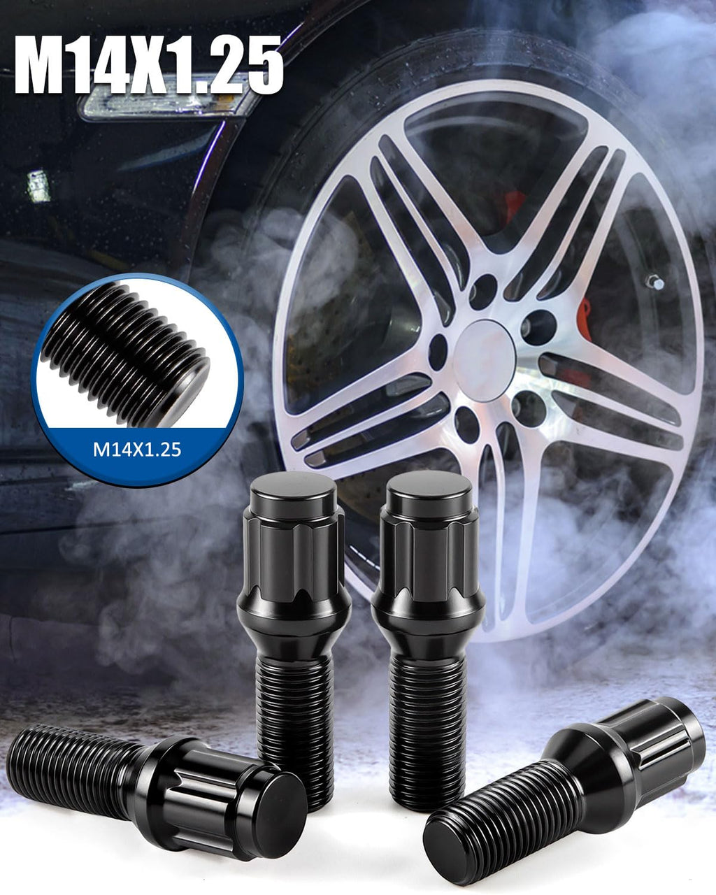 GAsupply M14x1.25 Lug Bolts 28mm Shank fits for BMW i3, i4, i5, i7, i8, ix, M2, M3, M4, M5, M8, x1, x2, x3, x4, x5, x6, x7, xM, Black 14x1.25 6 Spline Wheel Lug Bolt Conical Seat, 20 pcs+1 pcs Key