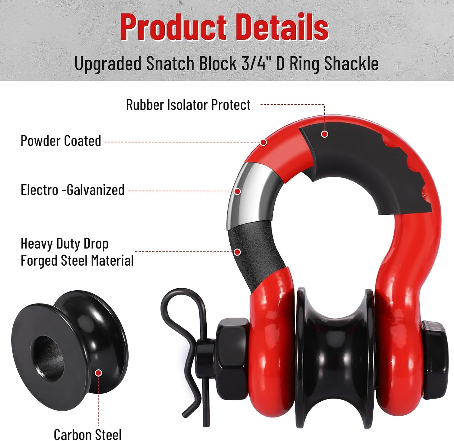 3/4" D Ring Shackle with Upgraded Snatch Blocks,57,000 lbs(28.5 Ton) Maximum Break Strength Heavy Duty Shackles with 7/8" Screw Pin for Tow Strap Winch Off Road Vehicle Recovery,2pack Red