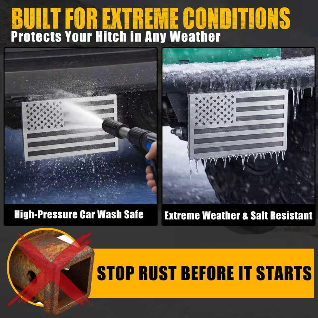 Synrroe 2" Heavy Duty Stainless Steel Flag Hitch Cover, Car Wash Safe | Brushed Stainless Steel Flag, Aluminum Base, Mechanically Fastened, Won't Rust or Peel, 5/8" Stainless Pin