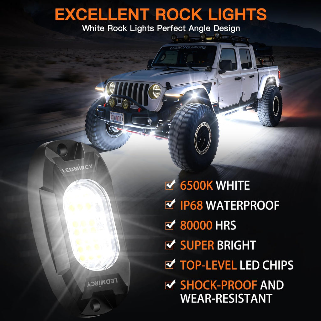 White Rock Lights,LEDMIRCY R6 LED Pure White Rock Lights 12PCS with Rocker Switch Wire Harness Kit for Trucks UTV Off Road Boat ATV Luces para Carro Super Bright High Power Light Waterproof Shockproof