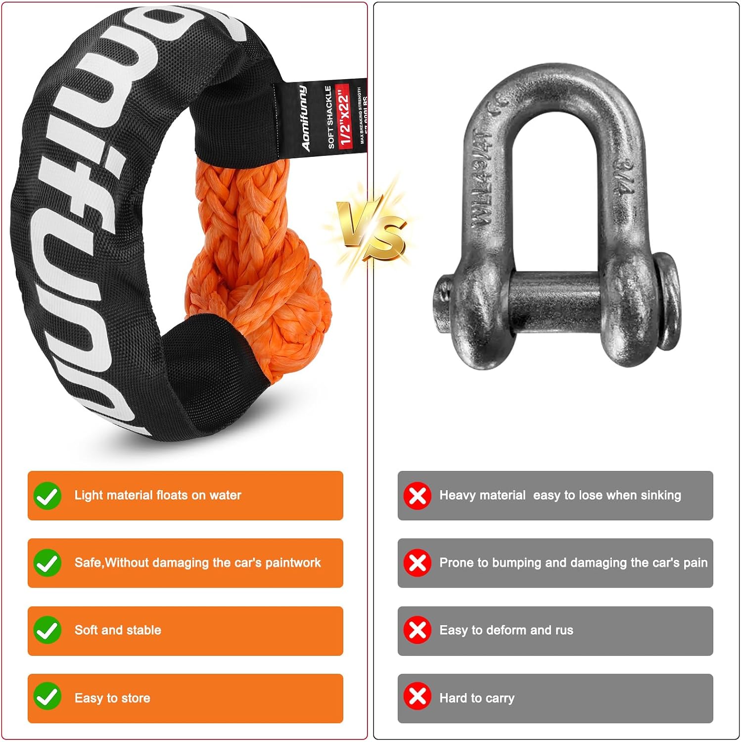 Synthetic Soft Shackle Rope, 2-Pack 1/2in x 22in, 56000 Lbs Breaking Strength, Synthetic Road Recovery Rope for Sailing SUV ATV 4X4 Truck Jeep Safer Than Metal Shackle (Orange)