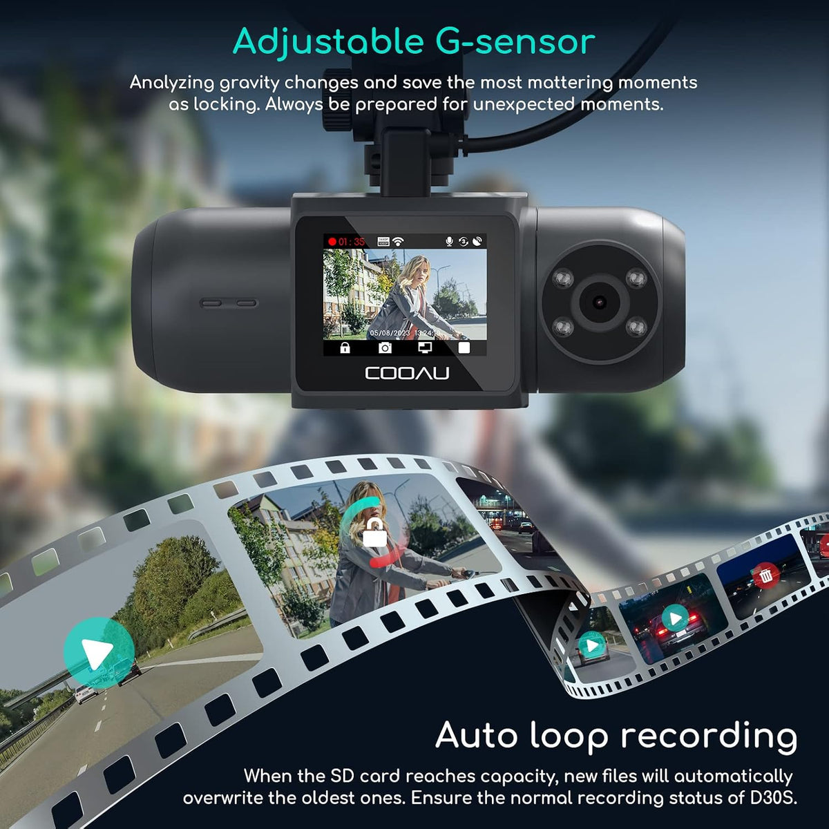 cooau d30s 4k dash cam with gps wi-fi on a desk or shelf