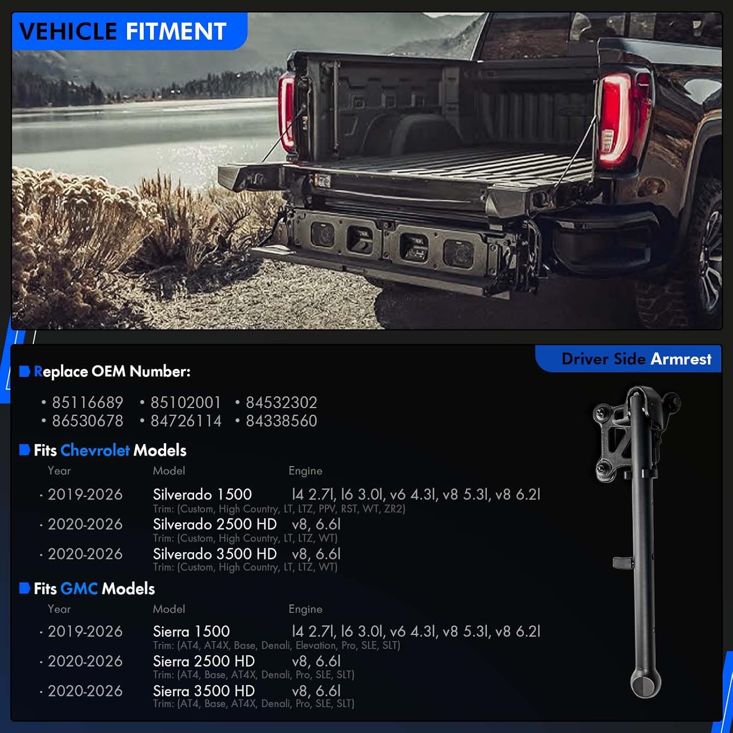 85116689 Auxiliary Tailgate Step Handle Fit for Chevy Silverado & for GMC Sierra 1500 2500 HD 3500 HD 2019-2026, Assist Handle Assembly, Pickup Box Aux E/Gate Step Armrest, W/Bracket Replace# 84338560