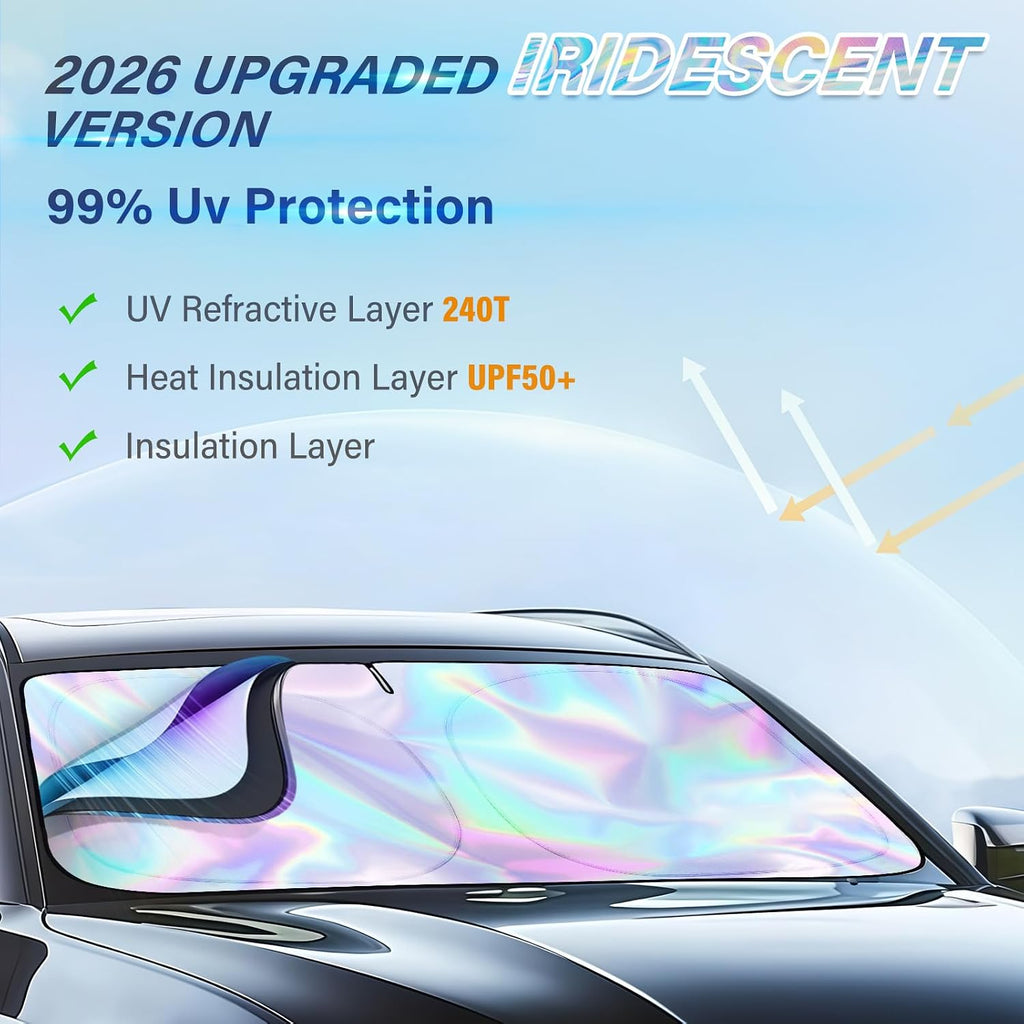 Iridescent Sun Shade for Car Windshield, Foldable Windshield Sun Shade, Universal Car Sun Shade Windshield, Upgrade Cover Sunshade Enhanced UV Rays Reflective Sun Visor Shade Keeps Vehicle Cool