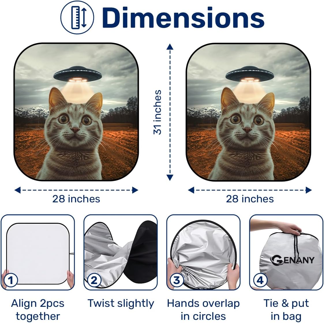 GENANY 2 Piece Funny Cat Windshield Sun Shade for SUV Truck (28x31 Inches), Sun Shade Windshield, Shades for Front Windows, Sunshade for Car Windshield, Protector Blocks UV