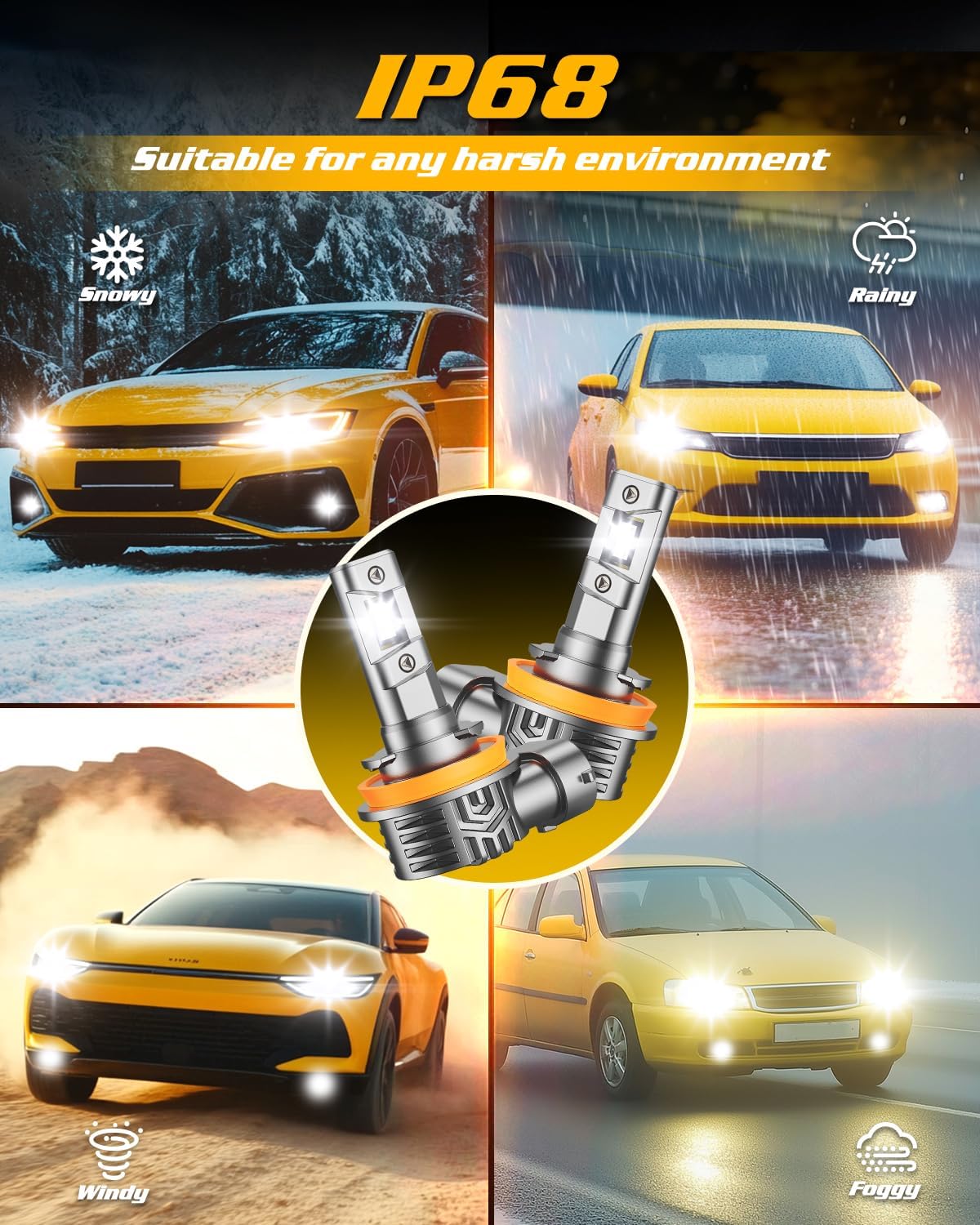 FORENNER H11 9005 Light Bulbs Combo, 1000% Super Brightness, 1:1 Size Easy Installation H11/H9/H8 9005/HB3 Bulbs, 10-Year Life, IP68 Waterproof, Pack of 4