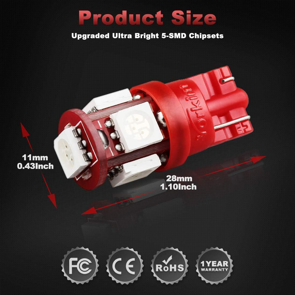 Yorkim 194 LED Bulbs Red Super Bright New 5th Generation,T10 168 LED Bulb for Car Interior Dome License Plate Map Door Courtesy Lights W5W 2825,Pack of 10