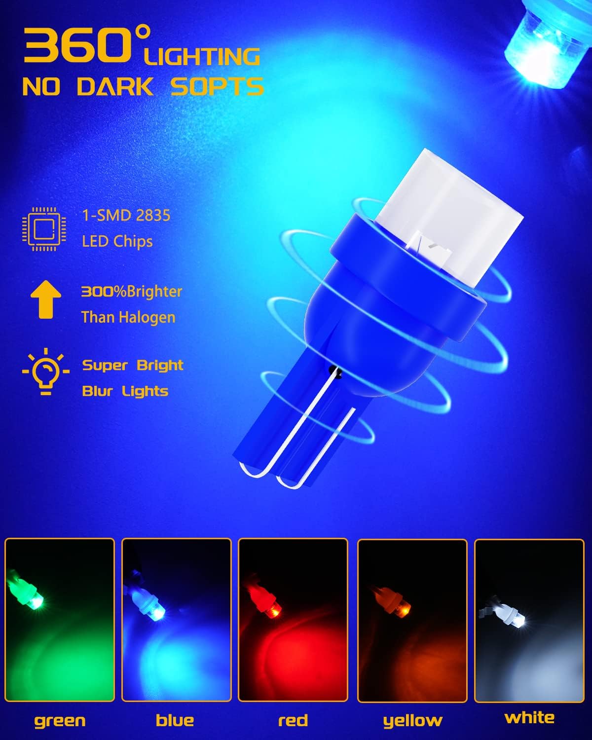 YM E-Bright 50-Pack Mix 5-Colors White/Blue/Red/Yellow/Green T10 194 168 1 SMD Concave LED Bulb Door Reading Light Interior Lamp Car Replacement Lights Bulb DC 12V