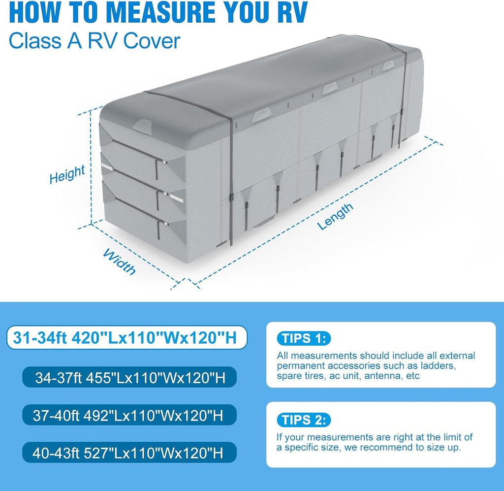 Mofeez Class A RV Cover, Heavy Duty Camper Cover 31-34ft, Extra-Thick 7 Layer Windproof Anti-UV Rip-Stop Class A Motorhome Cover with 2Pcs Extra Straps, 6 Gutter Covers & 4 Tire Covers