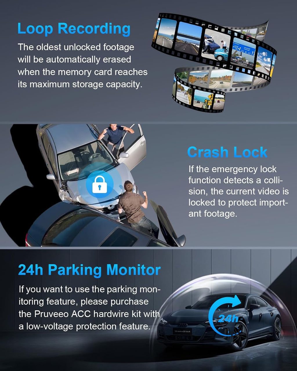 pruveeo 360° 4 channel dash cam front and, package contents