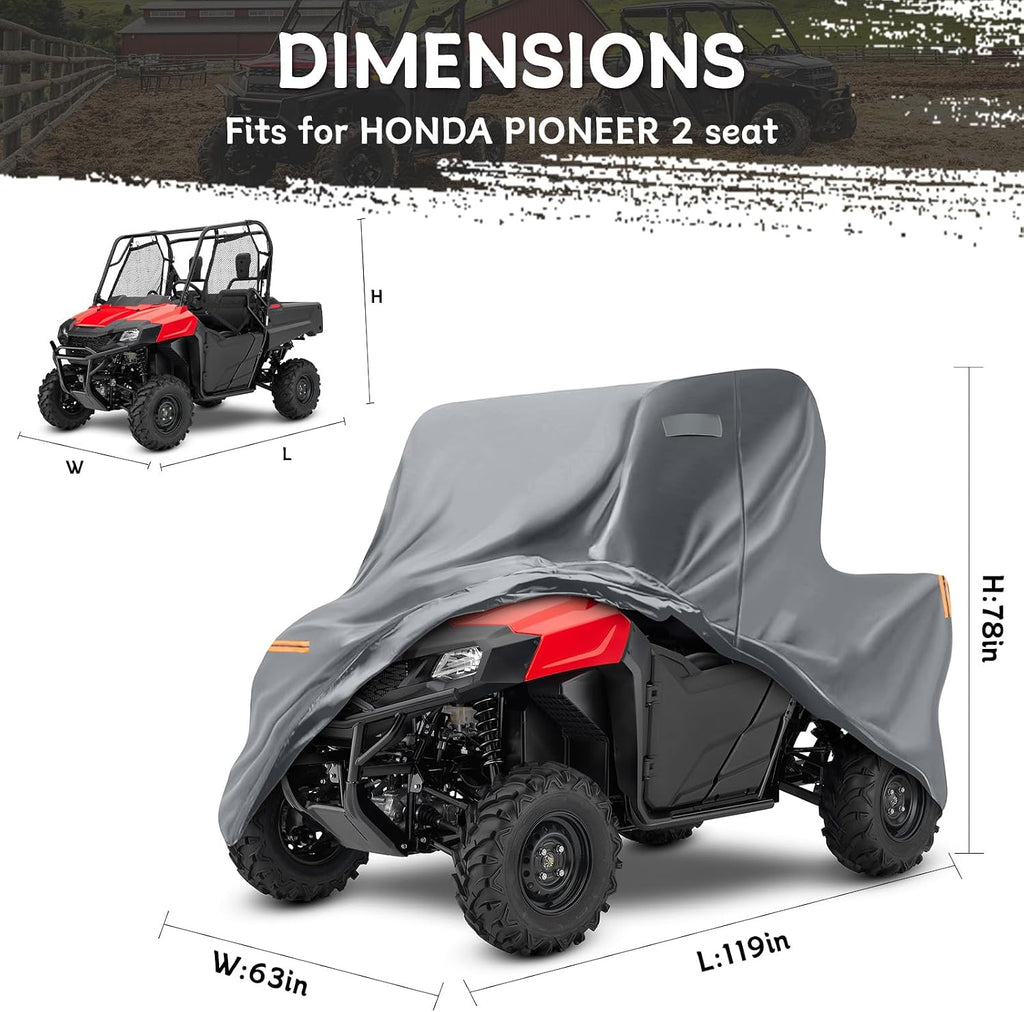Waterproof UTV Cover Compatible with Honda Pioneer 2 Seaters, 6 Layers All Weather Cover with Air Vents, Door Zipper and Windproof Buckles and Bands for Rain Snow Dust Protection