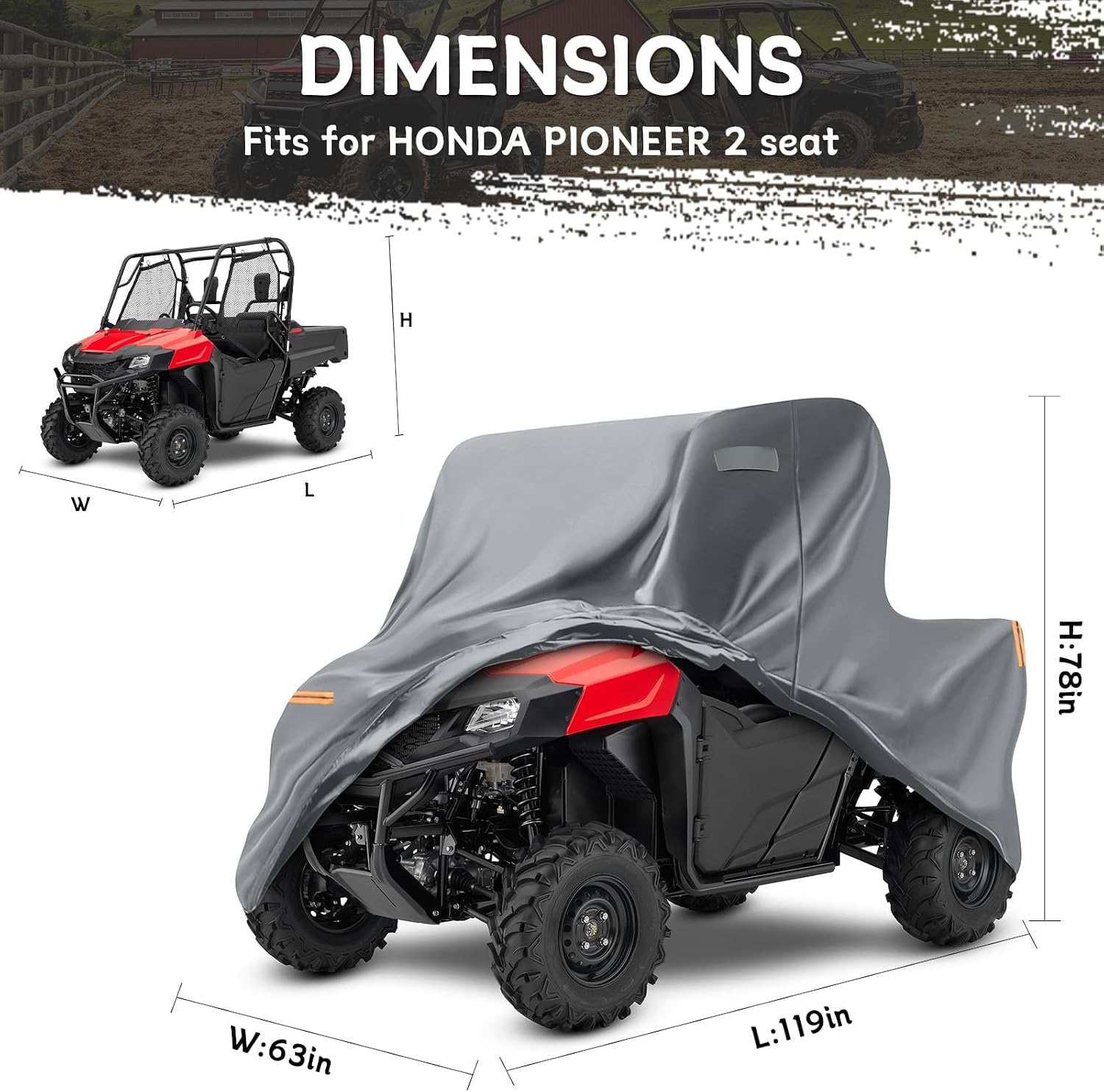 Waterproof UTV Cover Compatible with Honda Pioneer 2 Seaters, 6 Layers All Weather Cover with Air Vents, Door Zipper and Windproof Buckles and Bands for Rain Snow Dust Protection
