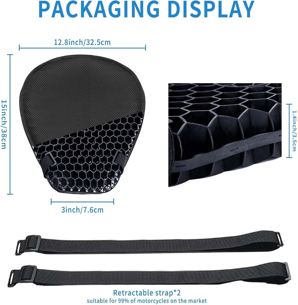 Foldable Motorcycle Gel Seat Cushion, Large 3D-Honeycomb Structure Shock Absorption & Breathable Motorcycle Gel Seat Pad for Long Rides