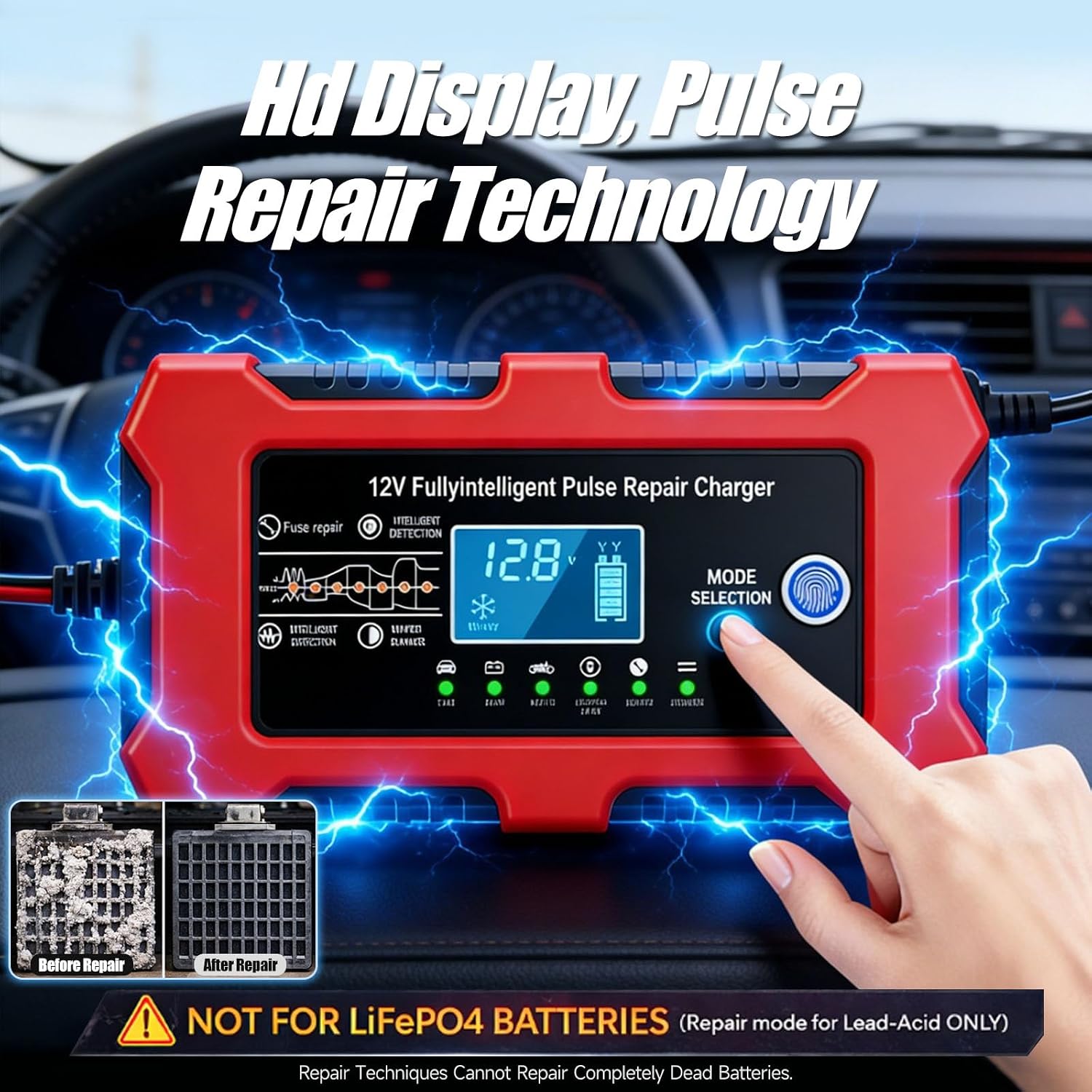 12V 10A Car Battery Charger, Lead-Acid & Lithium Trickle Battery Charger with Temperature Compensation, Desulfator & LED Display Maintainer for Car, Motorcycle, Truck, Marine, Lawn Mower