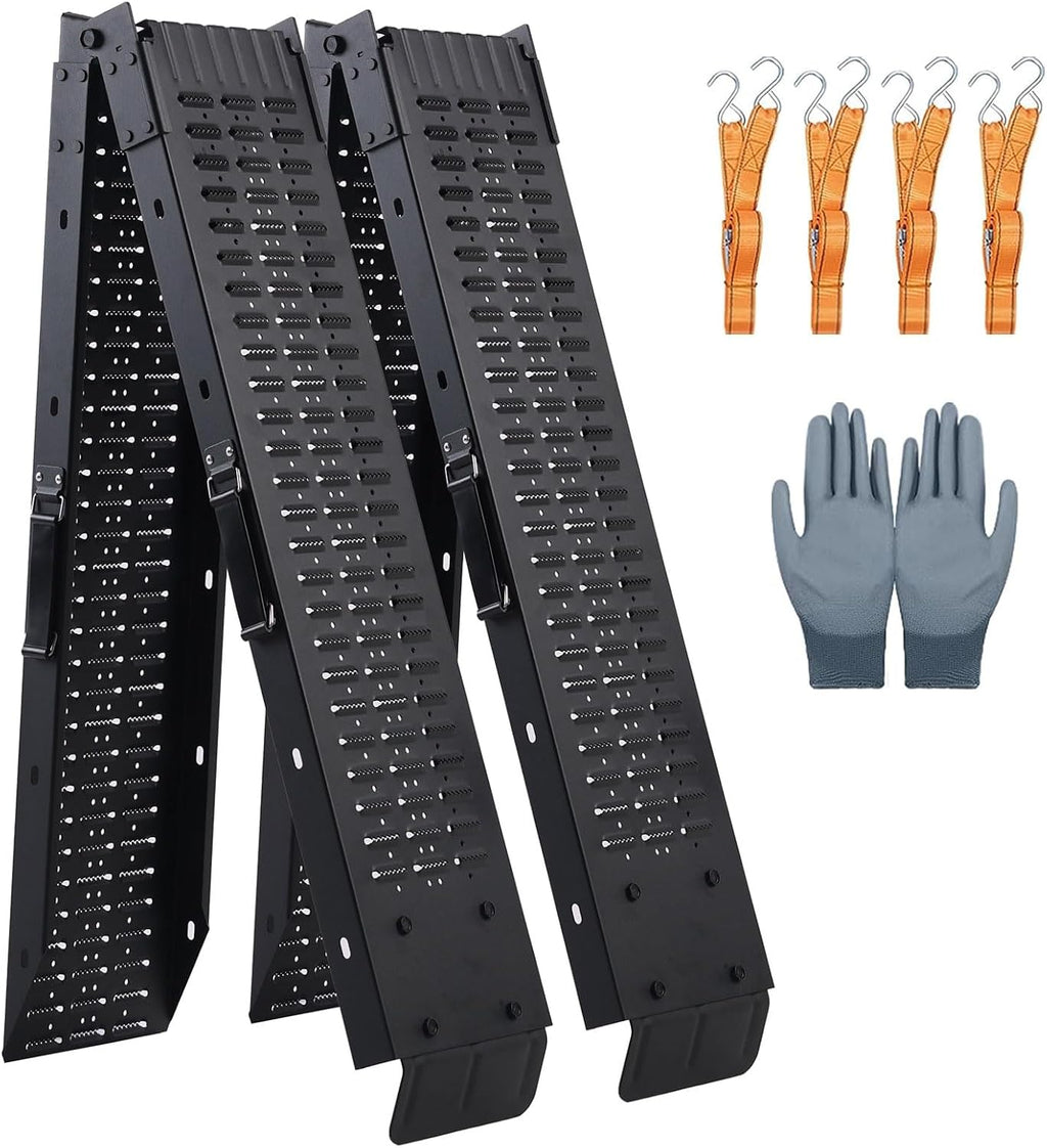 72.5" Heavy Duty Folding Loading Ramps with Sandblasted Finish, 1500lb Capacity, Ideal for Motorcycles, Lawn Mowers, ATVs, UTVs, and More – Pack of 2 with Safety Straps and Gloves
