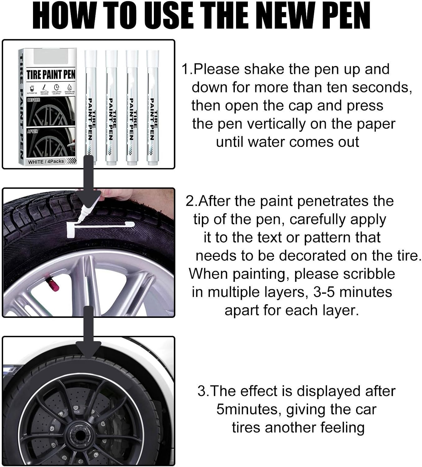4Pieces Paint Pen for Car Tires, White Paint Pen Waterproof Tire Marker Lettering Paint Pen