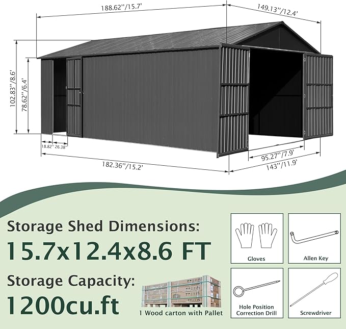 Domi 12’x15’ Outdoor Metal Garage Shed, Weatherproof Enclosed Carport - Image 2