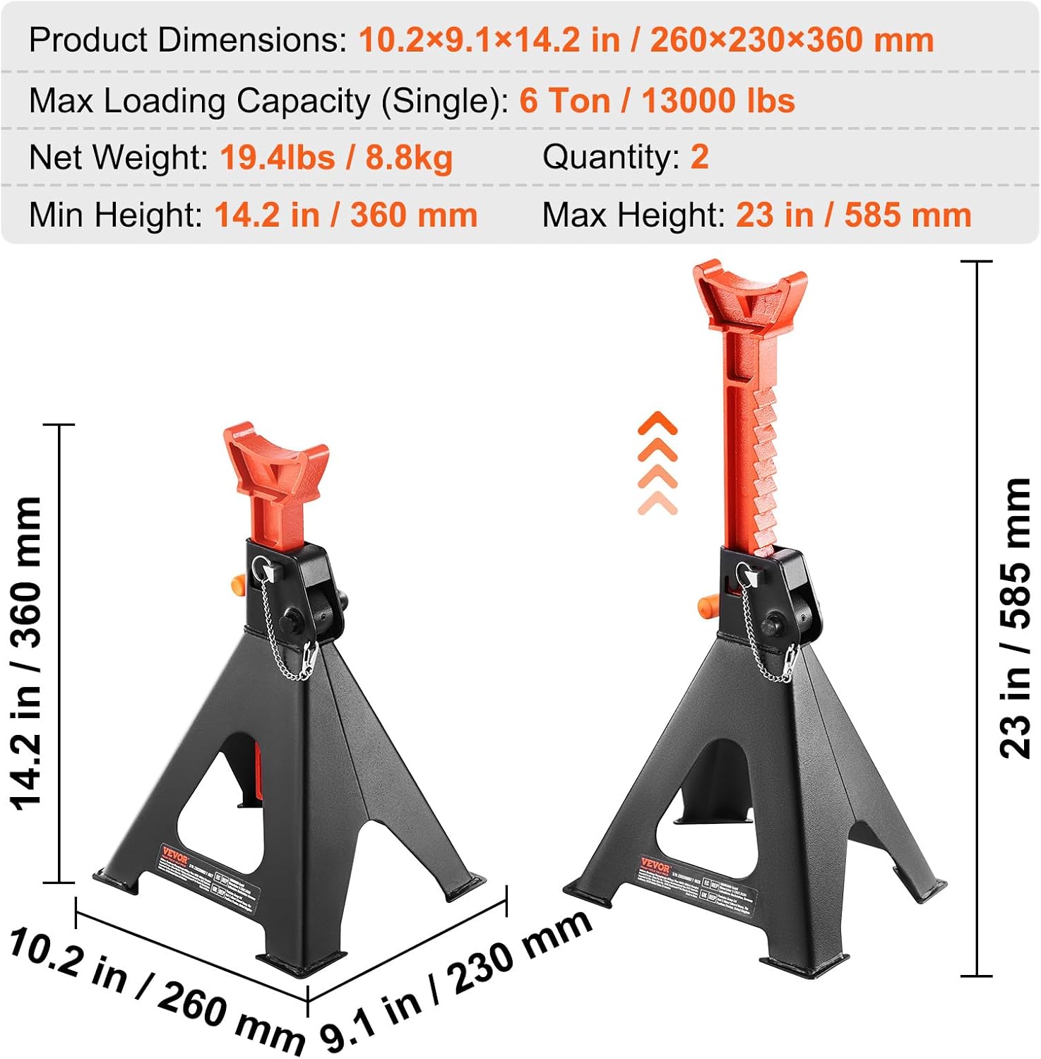 VEVOR Jack Stands, 6 Ton (13,000 lbs) Capacity Car Jack Stands Double Locking, 14.2-23 inch Adjustable Height, for Lifting SUV, Pickup Truck, Car and UTV/ATV, Red, 1 Pair