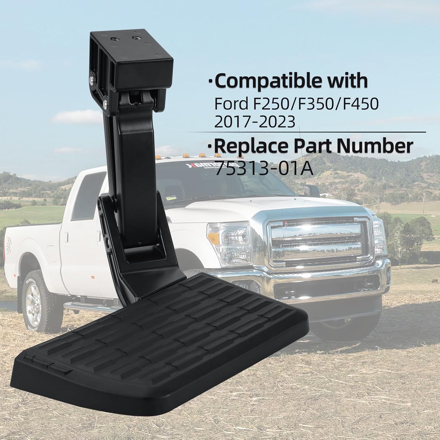 75313-01A Retractable Rear Bedstep Compatible with Ford F250 F350 F450 (2017-2023) (Not Work When F450 Vibration Damper is Installed) Pickup OEM Replacement Truck Tailgate Bumper Corner Foot Step