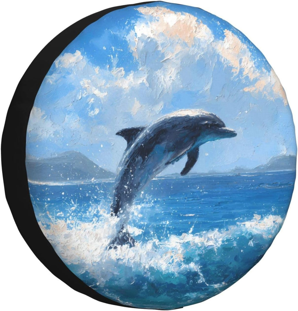Dolphin Jumping Out Spare Tire Cover Waterproof Sunproof Polyester with Adjustable Rope Buckle Dust Protection for SUV Truck Trailer
