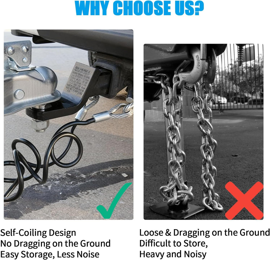 44-1/2" Trailer Safety Cables, 5/16" Vinyl-Coated Steel with 7/16" S-Hooks, 5000 lbs Break Strength, 2-Pack Galvanized Towing Safety Chains