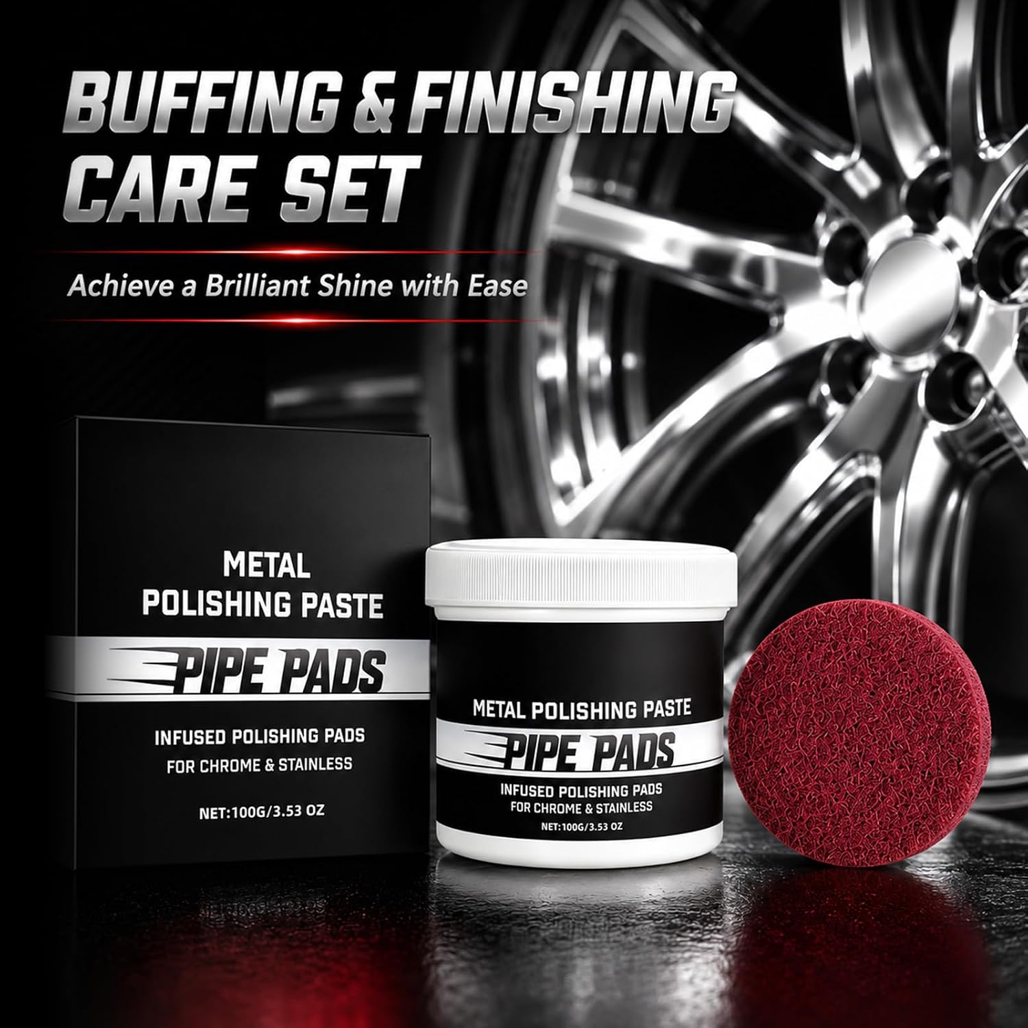 2pcs Pipe Polishing Pads, Buffing & Finishing Care Set, Metal Polishing Paste Pipe Pads Infused Polishing Pads, Achieve a Brilliant Shine with Ease, for Chrome & Stainless Steel, Buffing & Finishing