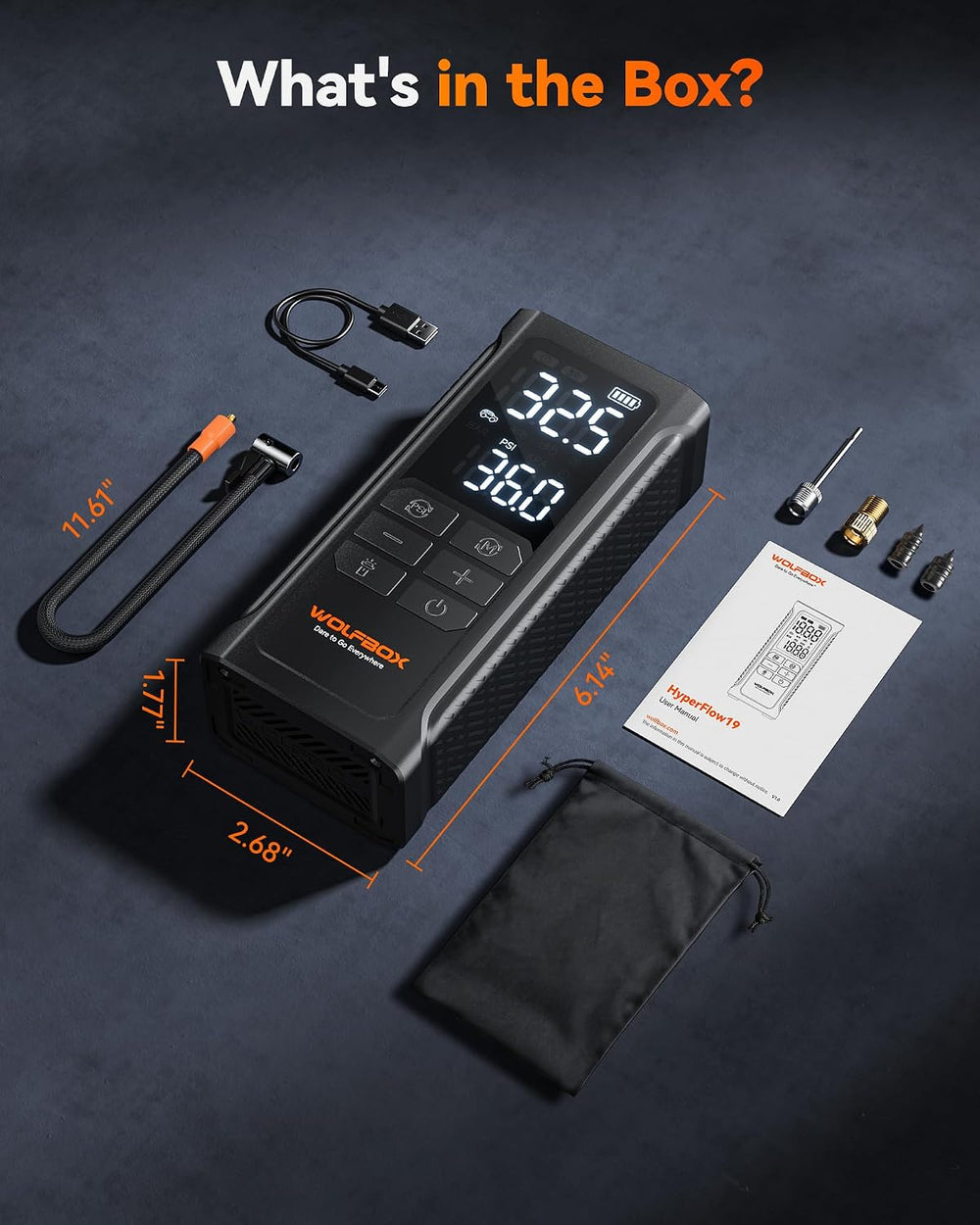 WOLFBOX HyperFlow19 Tire Inflator Portable Air Compressor, Cordless Air Pump ...