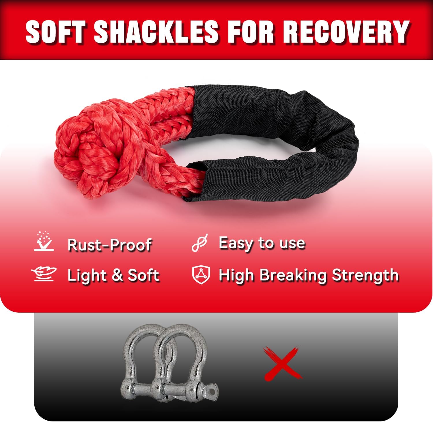 Soft Shackle & Recovery Ring Kit - 2PCS 1/2" x 22" Soft Shackles for Recovery with Aluminum Snatch Ring, 66,000 lbs Breaking Strength for ATV, UTV, SUV, Truck Off-Road Vehicle - Red