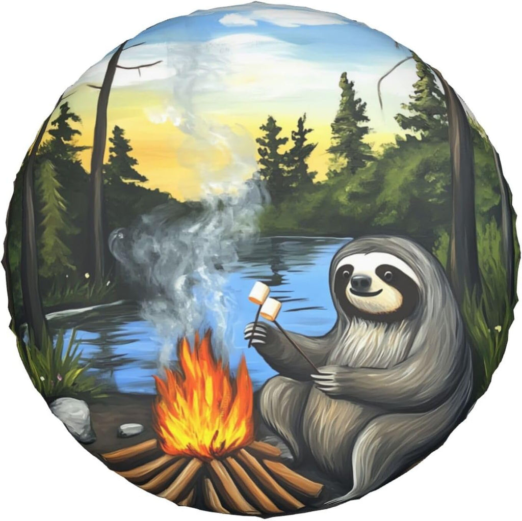 Sloth Toasting Marshmallows Universal Spare Tire Cover,15 Inch,Waterproof Polyester Wheel Protector Funny Cute Tire Covers for Rv Suvs Trucks Travel Trailers Outdoor,Easy Install