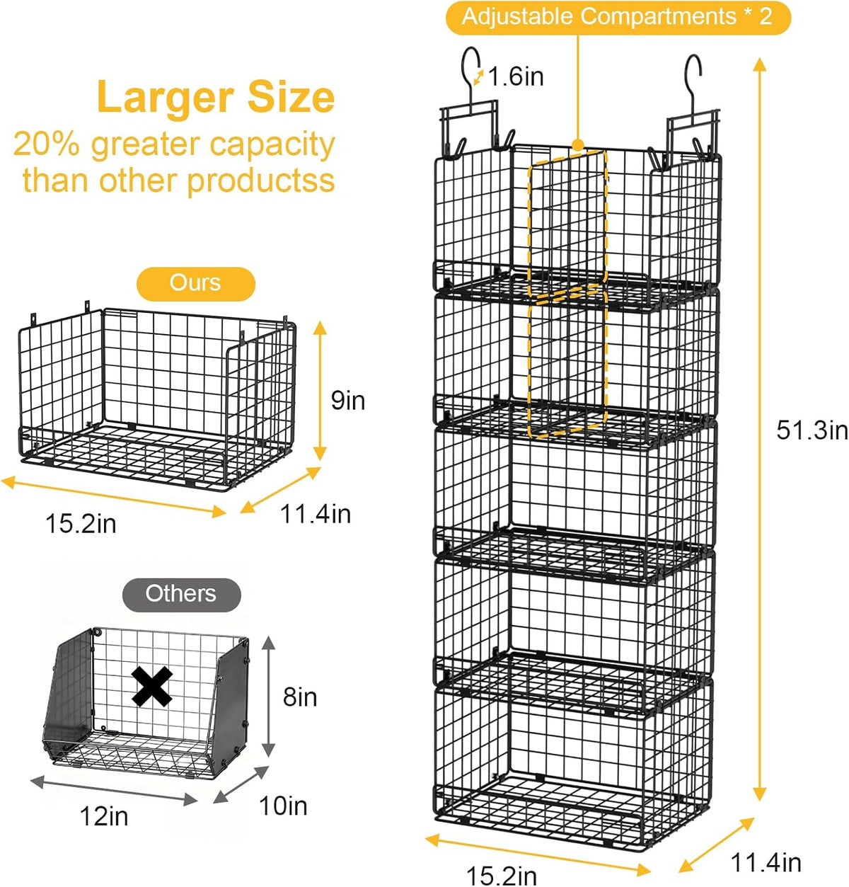 vygrow 5 tier hanging closet organizer with adjustable, close-up detail