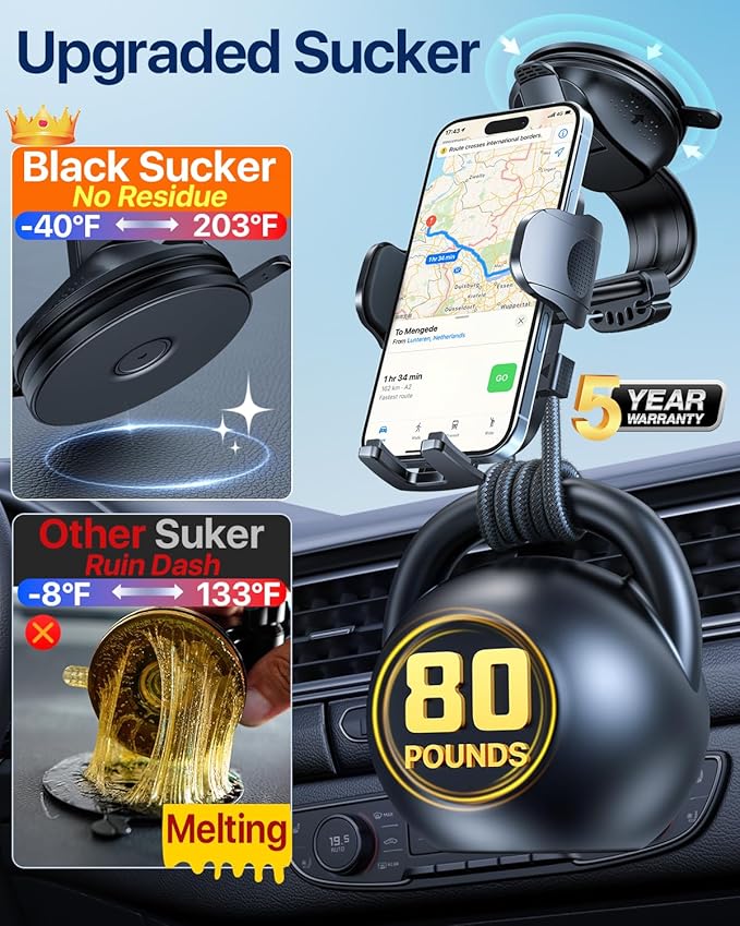 HTU Upgraded Strongest Suction Car Phone Holder Bendable Arm, Never Block View - Image 2