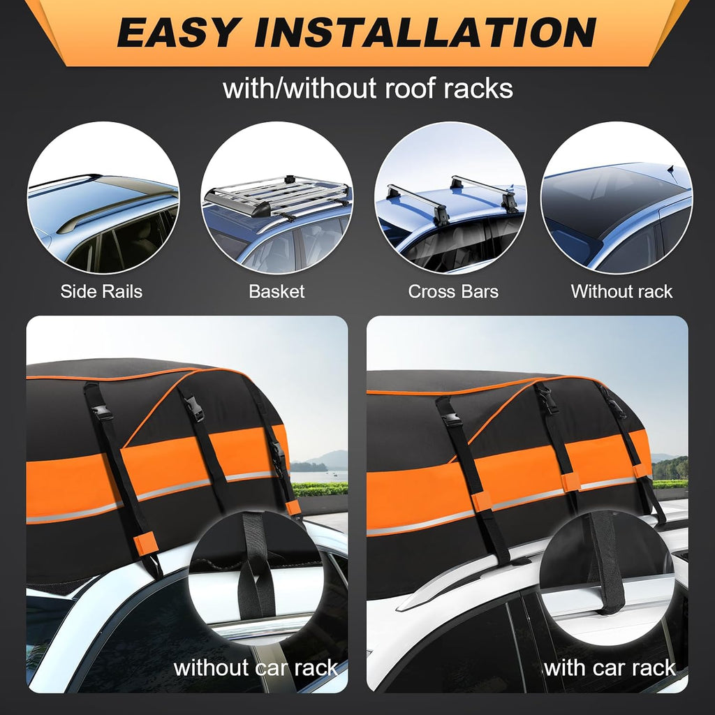 Sailnovo 20 Cubic Feet/580L Car Roof Bag, Waterproof Car Roof Storage Box | Heavy Duty Roof Boxes for Cars with Roof Bars or No Rack | With Reinforced Straps, Door Hooks & Storage Bag | Orange