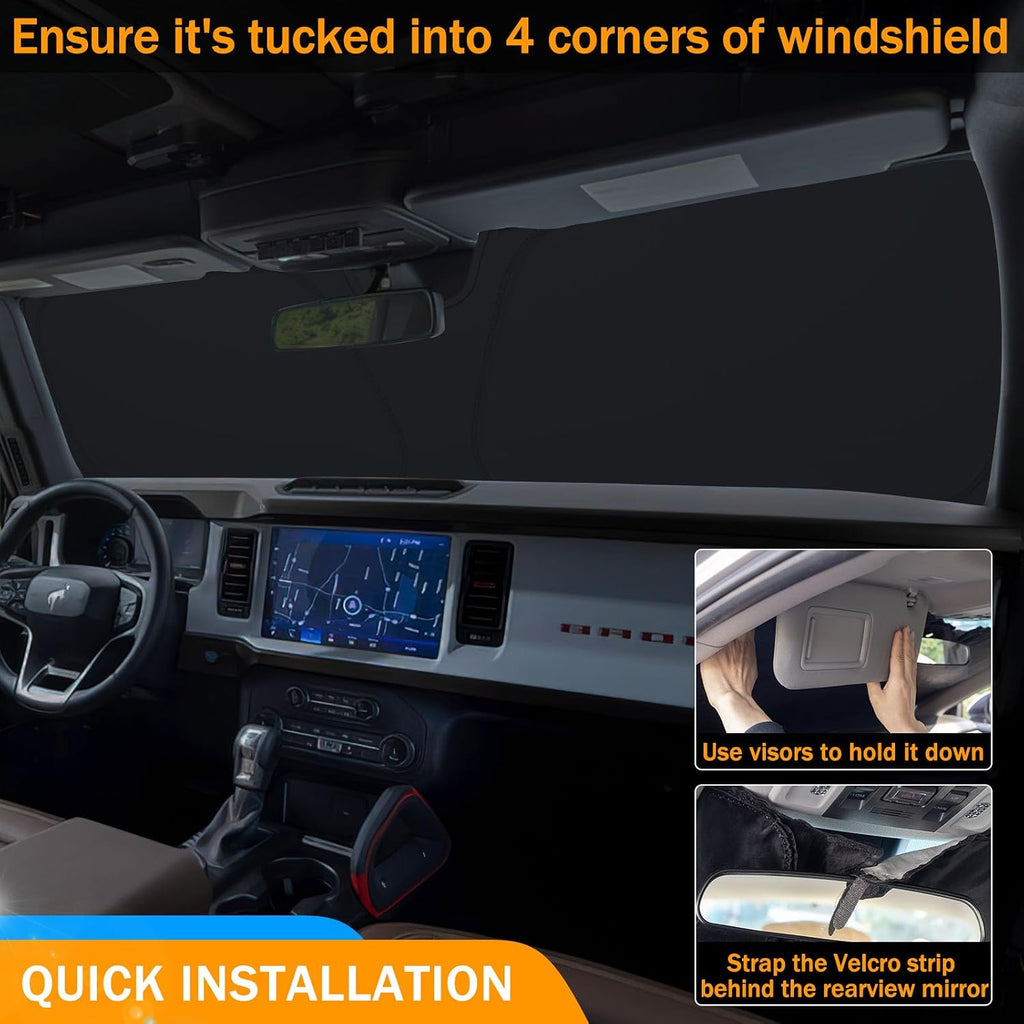 TOPINSTALL Foldable Windshield Sunshade Compatible with Ford Bronco 2/4-Door 2021-2026, Front Window Sun Protector with Storage Pouch Thicker Reflective Polyeste (Not for Sport Model)