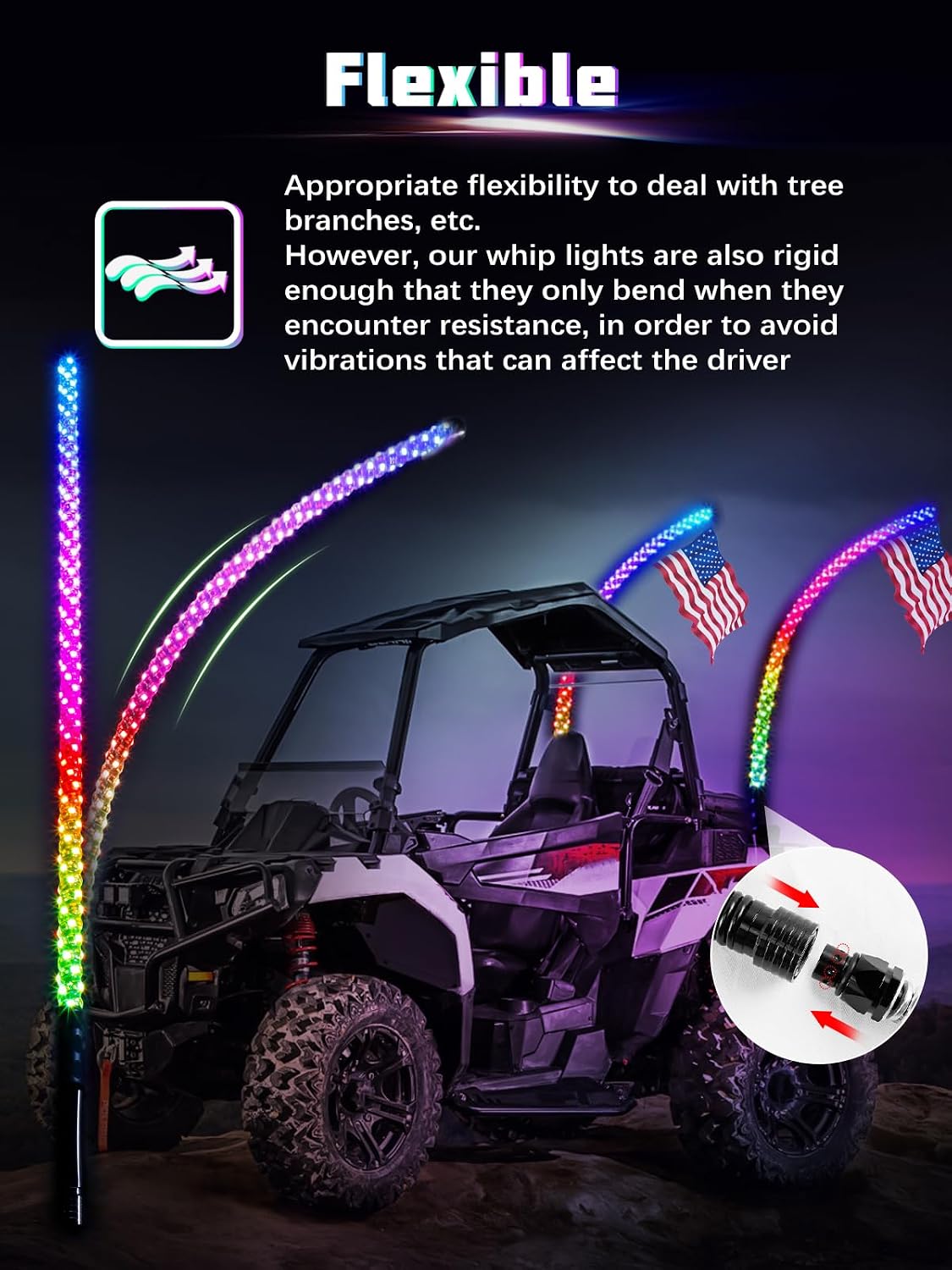 UNI-SHINE 2PCS 3FT LED Whip Lights with Spring Base Spiral RGB Chasing Lights with APP & Remote Control, Music Antenna Whip Light for Can-Am UTV ATV RZR Can-Am SXS Polaris Offroad Truck