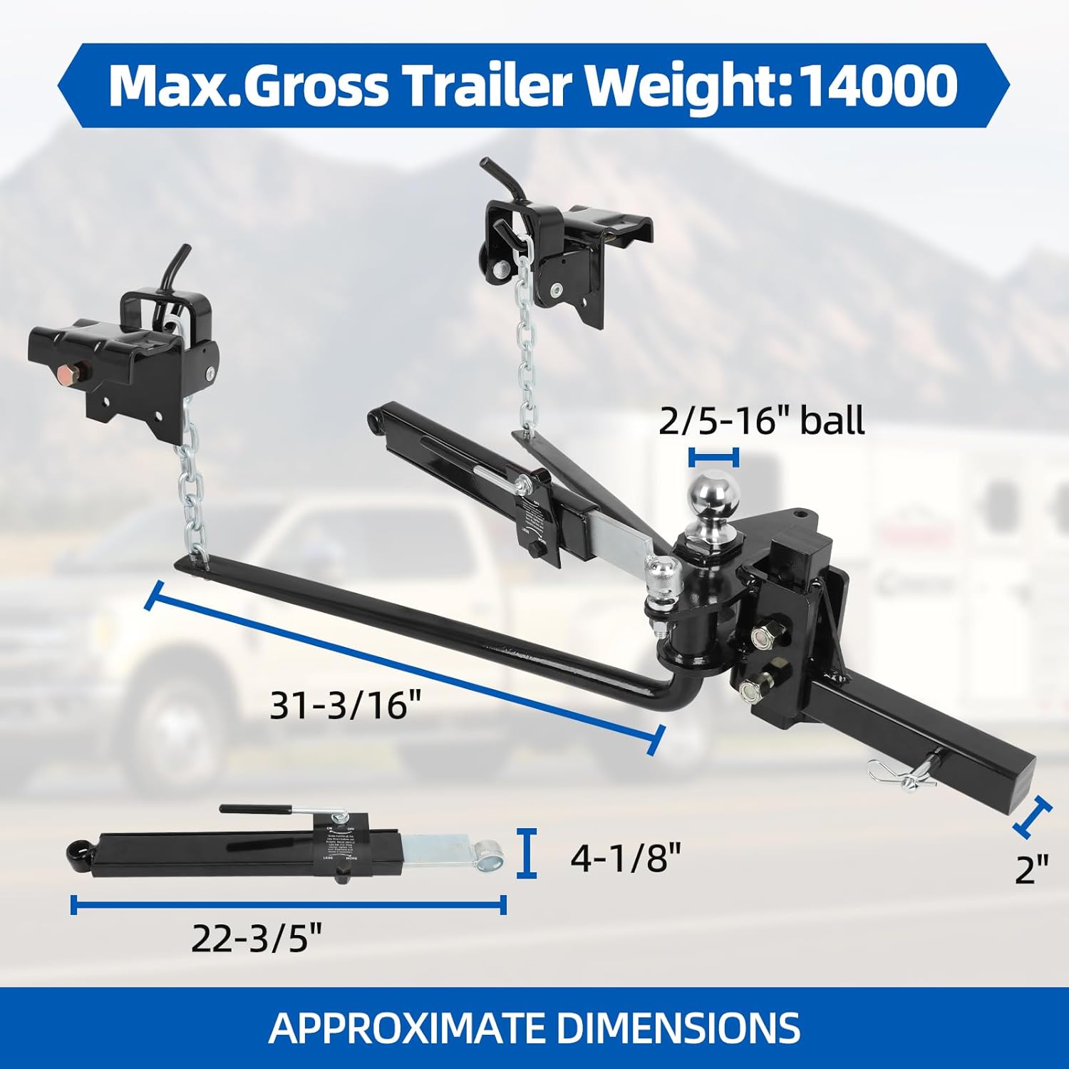 Dollate Weight Distribution Hitch with Sway Control Bar, 14000lbs Towing Weight Distributing Hitches Kit, Anti Sway Control Hitch for Travel Trailer Camper, 2-Inch Shank, 2-5/16-Inch Ball