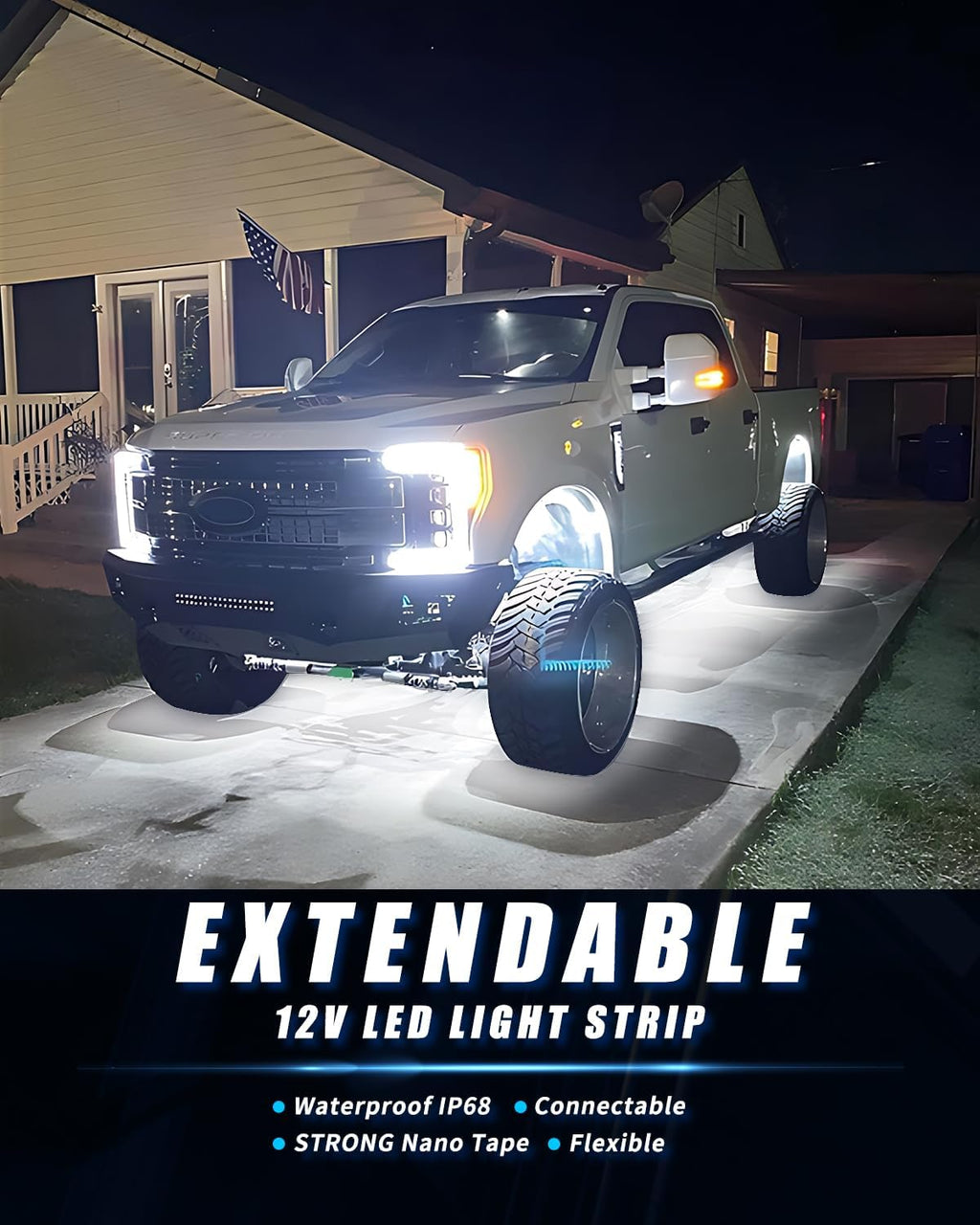 12V Led Light Strip 18" Connectable White LEDs Strip Lights for Car Motorcycle Golf Cart Automotive Trucks Boat Waterproof Led Light Strip, 4Pack