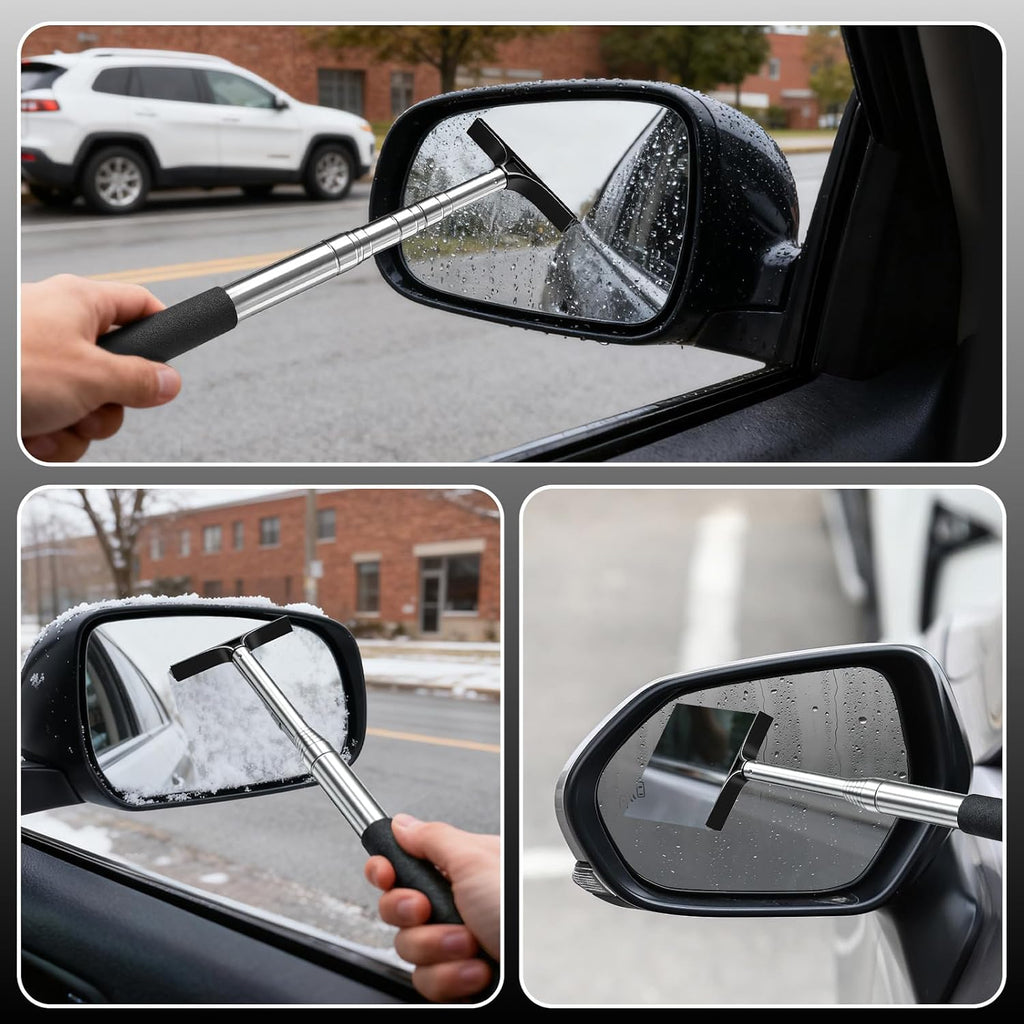 Side Mirror Squeegee, Car Mirror Squeegee, Retractable Car Rearview Mirror Wiper for All Vehicles, Universal Automotive Accessories, 38.6 Inch Handle - Black
