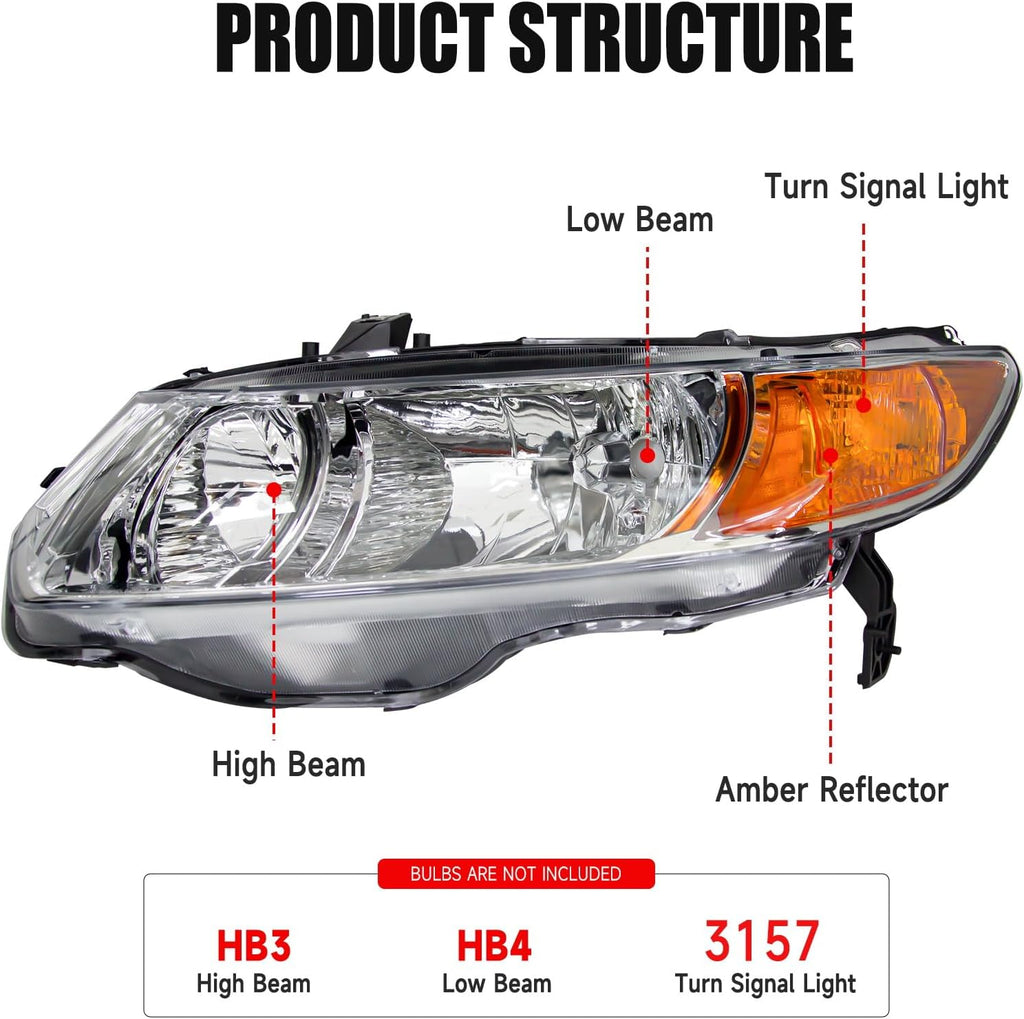 AS Headlight Assembly For 2006 2007 2008 2009 2010 2011 Honda Civic 2-Door Headlight With Amber Reflector Headlamp Replacement And Good Sealing With Chrome Housing
