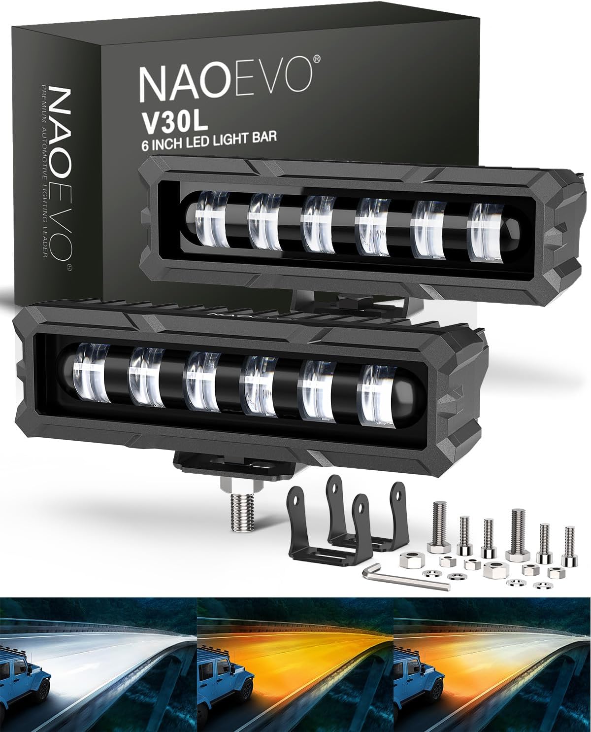 naoevo 6 inch white amber led light bar, main product view