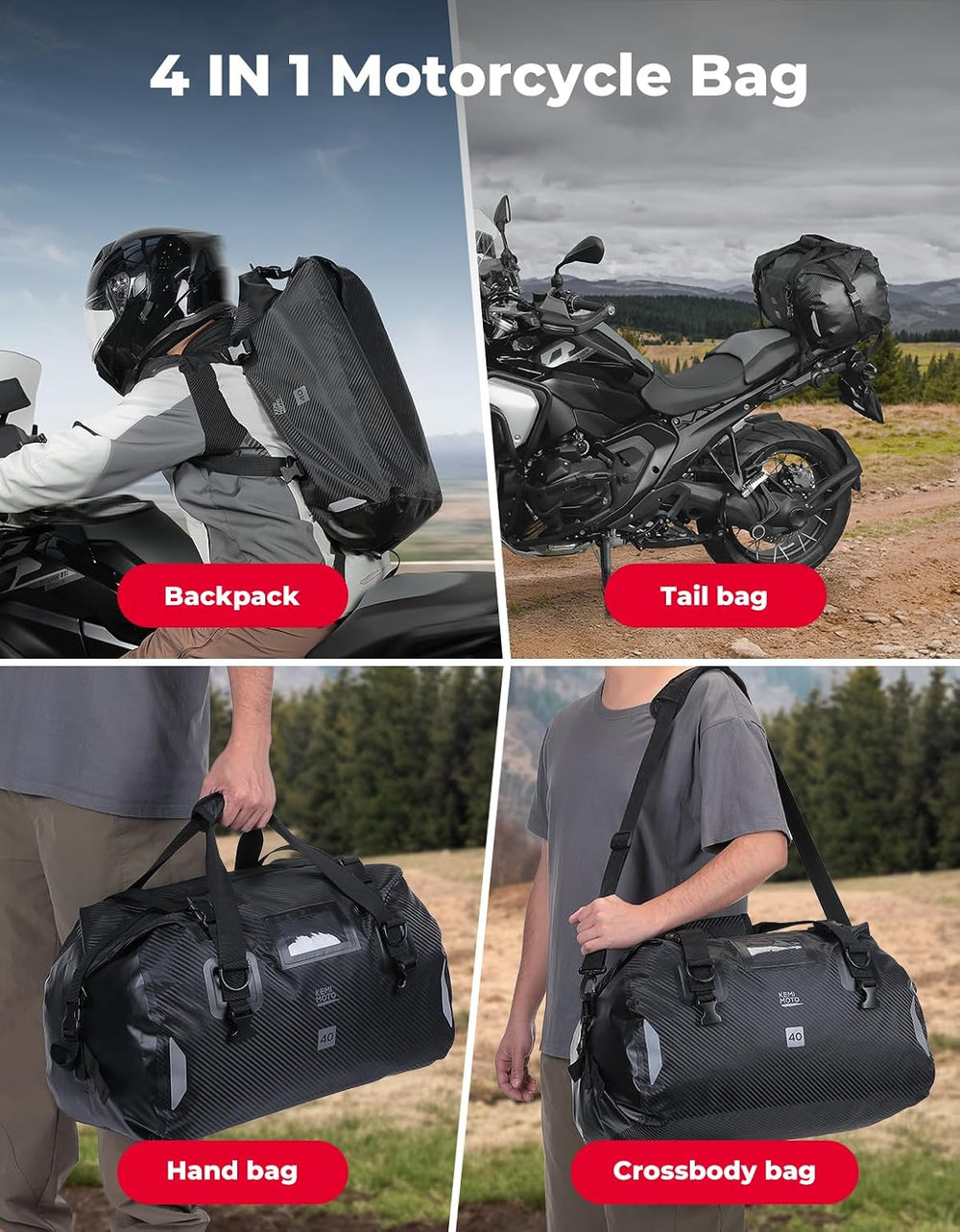 KEMIMOTO Waterproof Motorcycle Dry Bag – Duffle Tail Bag Soft Luggage, 25L/40...