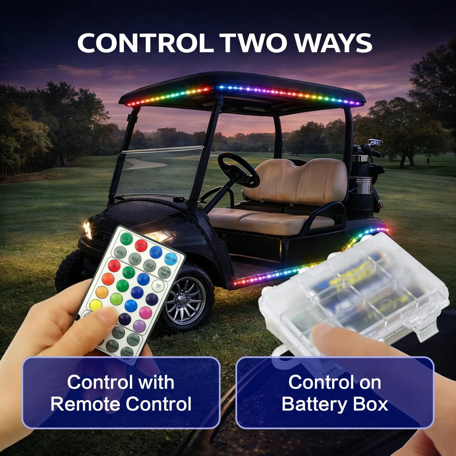 Battery Powered RGB+IC Dream Color Chasing Golf Cart Canopy Roof Lights with Remote, 2 Pack 4FT IP68 Waterproof Addressable Golf Cart Underglow Light Strip for EZGO Yamaha Club Car, Boat, Easy Install