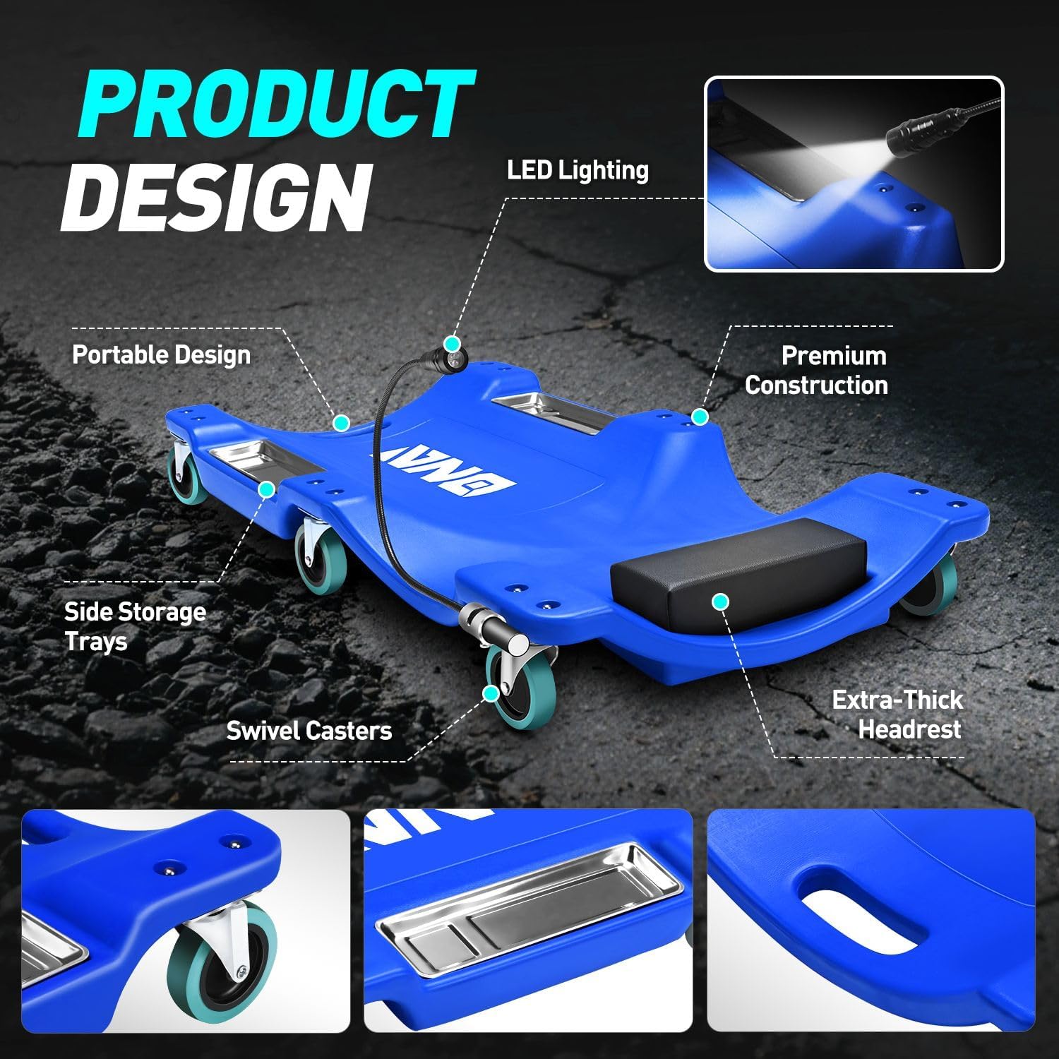 DNA Motoring 40 Inch Low Profile Plastic Rolling Garage Shop Floor Creeper with LED Light, Padded Headrest, Dual Tool Trays, Casters, Blue, TOOLS-00389-BL