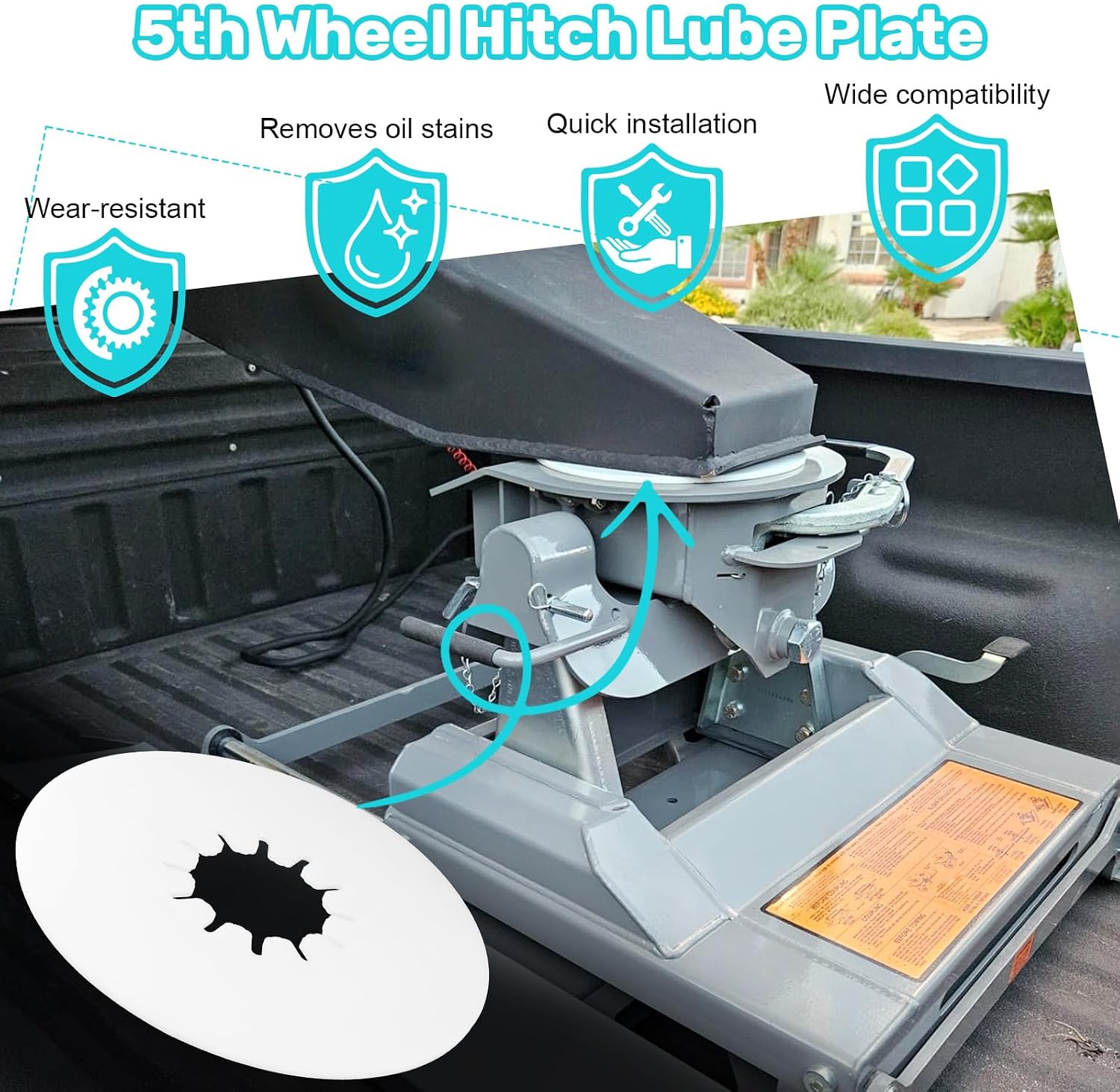 5th Wheel Lube Plate, 10-Inch Heavy-Duty Nylon | Grease-Free, For Fifth Wheel RV Trailers, For Campers, For Tow Vehicles, Hitch Pad