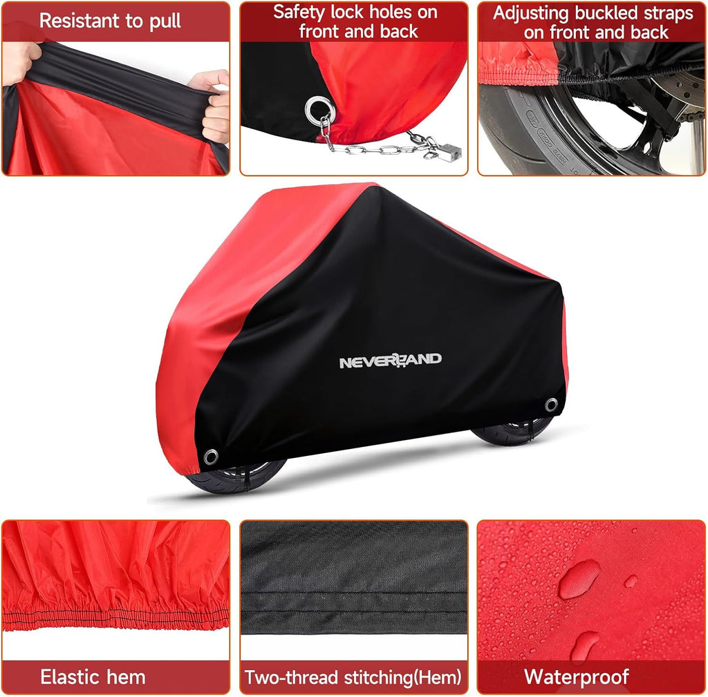 NEVERLAND Motorcycle Cover Waterproof Outdoor - All Season Scooter Covers Heavy Duty with 2 Lock-Holes, Bandage & Storage Bag Fits Most Motorcycles, Scooters, Dirt Bikes, Sportbikes (Up to 104”)