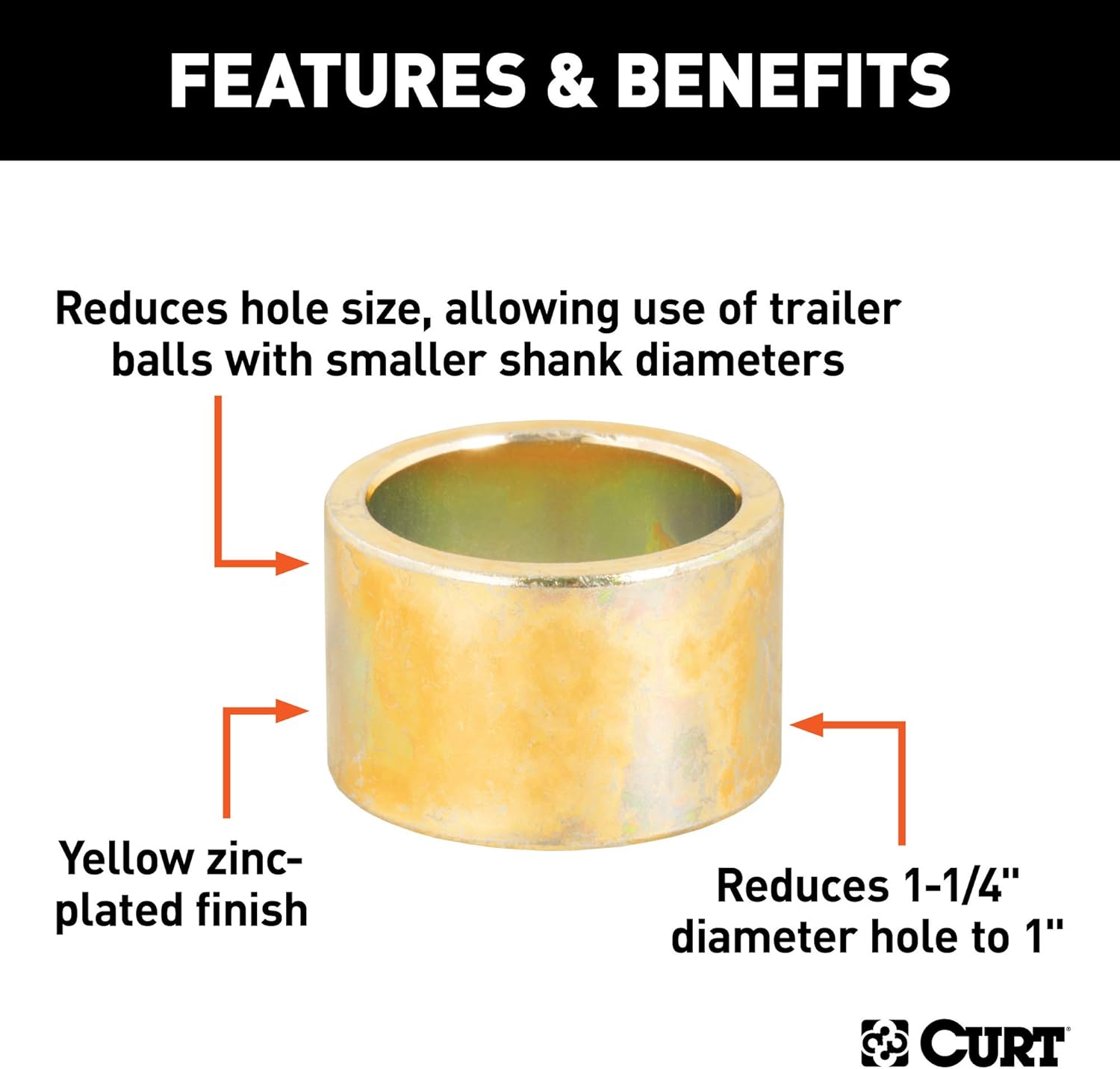CURT 21200 Trailer Hitch Ball Hole Reducer Bushing, Reduces 1-1/4-Inch Diameter to 1-Inch Stem
