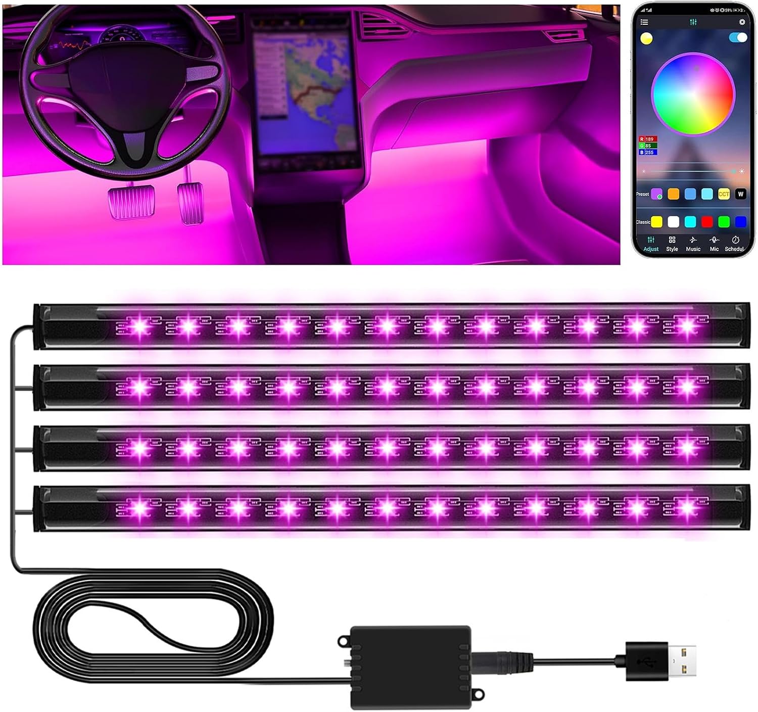 Winzwon Led Lights for Halloween Car Accessories Interior, Christmas White Elephant Gifts for Him Her Men Women Teen Boys Girls, APP Control with USB Port Color Change Lights for Truck Decor