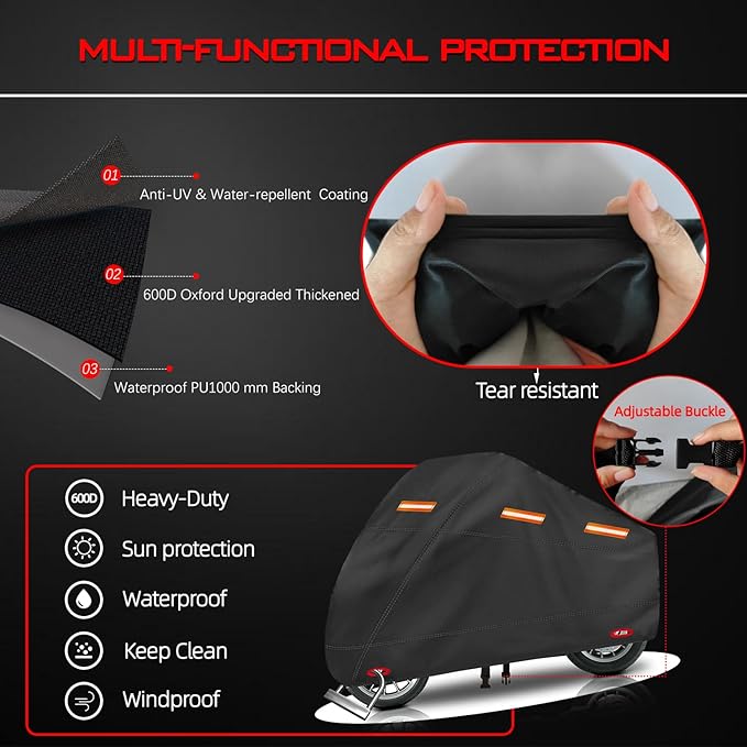 Motorcycle Cover, Heavy Duty 600D Oxford, Waterproof Outdoor, Weather Resistant - Image 3