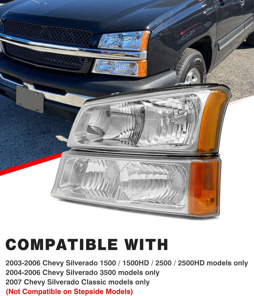 Compatible with 03 04 05 06 Chevy Silverado Avalanche 1500/2500/3500 Chrome Housing Headlight Assembly for 2003-2006 Silverado Headlamps Amber Left+Right(Fit NON-Body Cladding Models)