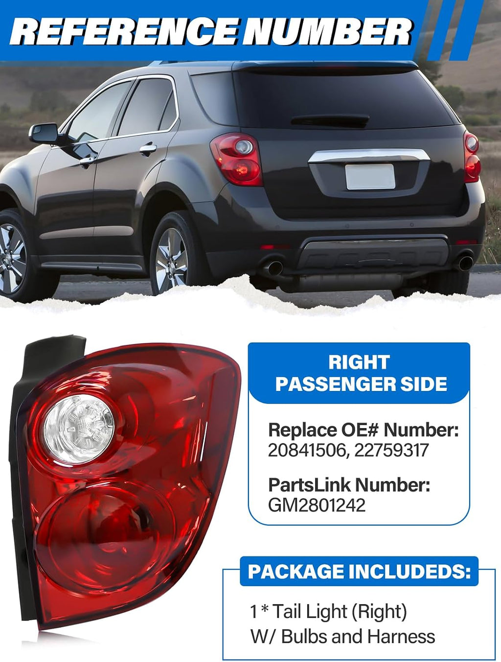 Tail Light Assembly Compatible with Chevy Equinox 2010 2011 2012 2013 2014 2015 Taillights Halogen Type, Brake Rear Lamp Replacement for 20841506 22759317 GM2801242 Right Passenger Side